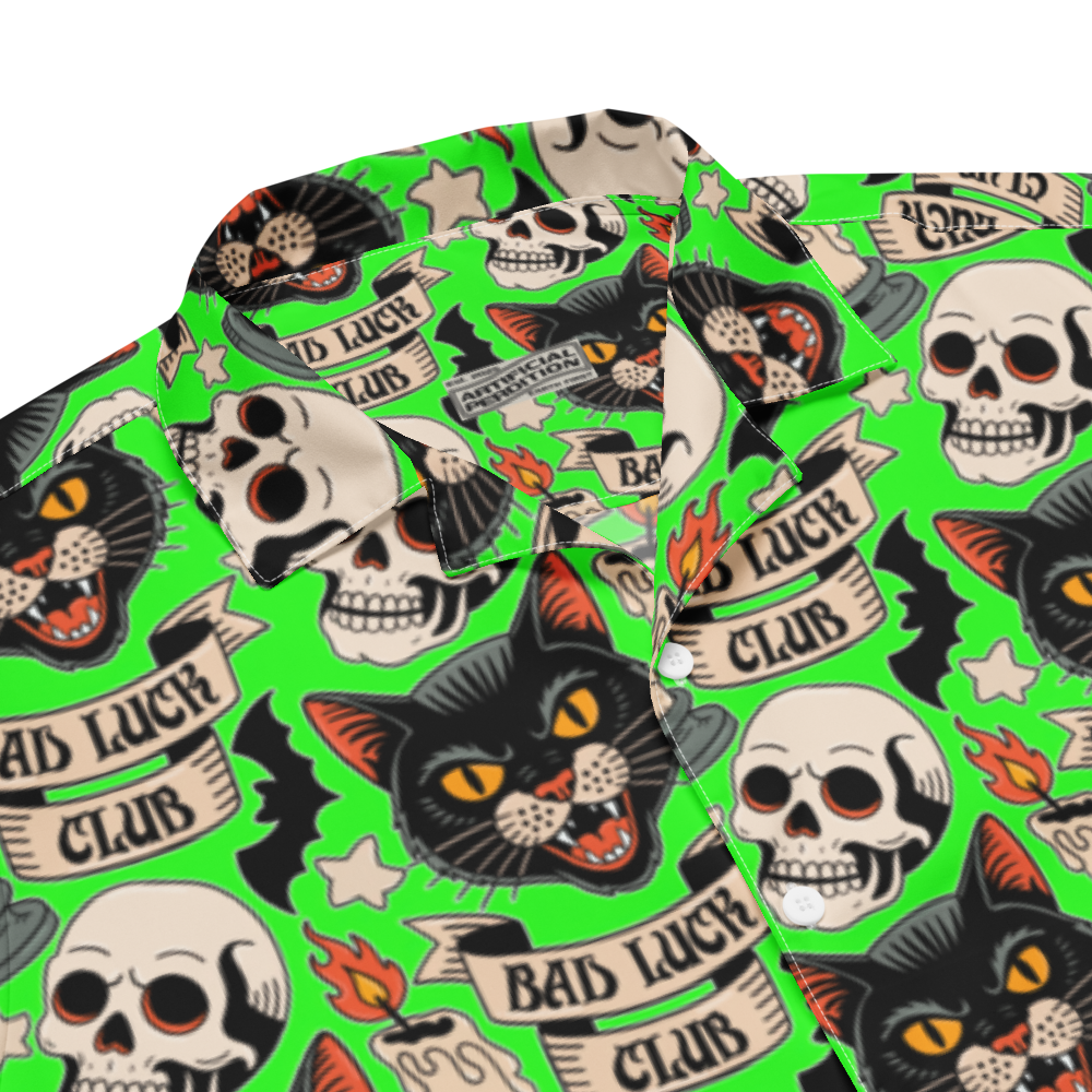 Bad Luck Club all-over print shirt, repeating tattoo flash pattern with black cats, skulls, candles and bats on screaming green, Artificial Perdition