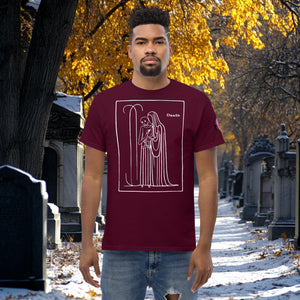 Man wearing a maroon Silent Vigil t-shirt with white line art of Death standing in a framed scene, graveyard path dusted with snow in the background.
