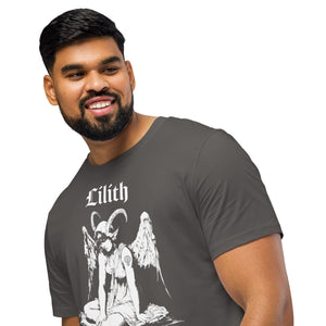 Organic mid-light cotton t-shirt featuring a black-and-white Lilith illustration with horns and wings and gothic lettering.