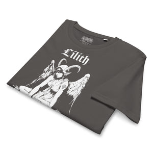 Organic mid-light cotton t-shirt featuring a black-and-white Lilith illustration with horns and wings and gothic lettering.