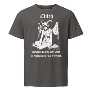 Organic mid-light cotton t-shirt featuring a black-and-white Lilith illustration with horns and wings and gothic lettering.