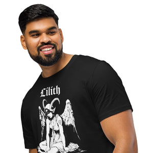 Organic mid-light cotton t-shirt featuring a black-and-white Lilith illustration with horns and wings and gothic lettering.