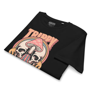 Mid-light organic cotton t-shirt showing a split skull divided by a pink mushroom, with flowing psychedelic shapes and small smiley faces.