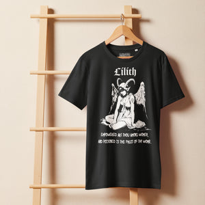 Organic mid-light cotton t-shirt featuring a black-and-white Lilith illustration with horns and wings and gothic lettering.