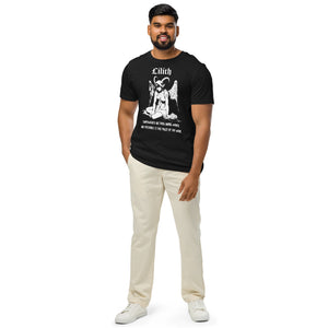 Organic mid-light cotton t-shirt featuring a black-and-white Lilith illustration with horns and wings and gothic lettering.
