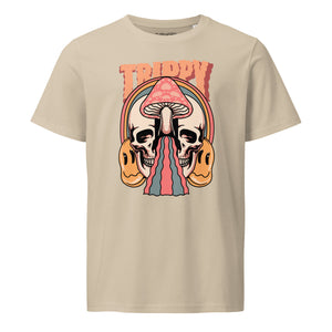 Mid-light organic cotton t-shirt showing a split skull divided by a pink mushroom, with flowing psychedelic shapes and small smiley faces.