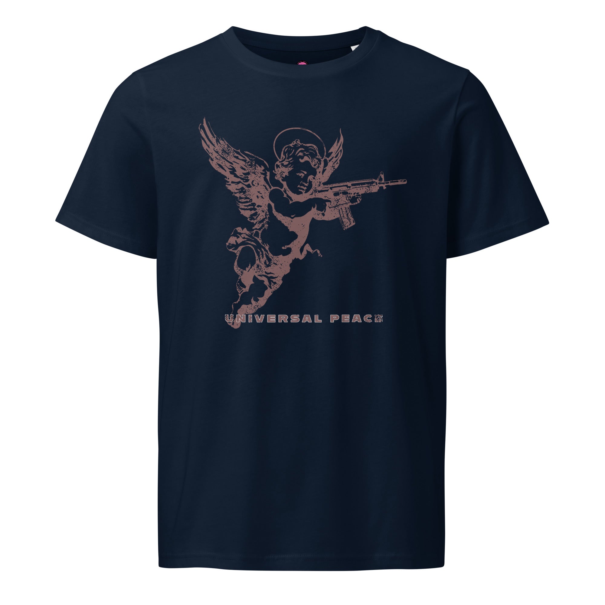 An angelic cherub with a rifle on a distressed premium organic eco mid-light French navy t-shirt.