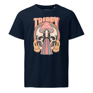 Mid-light organic cotton t-shirt showing a split skull divided by a pink mushroom, with flowing psychedelic shapes and small smiley faces.