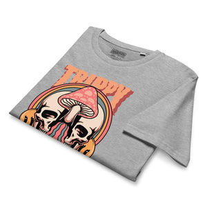 Mid-light organic cotton t-shirt showing a split skull divided by a pink mushroom, with flowing psychedelic shapes and small smiley faces.