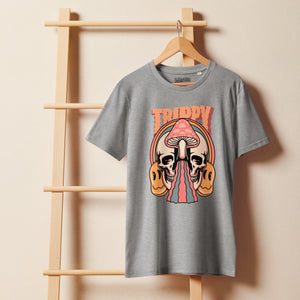 Mid-light organic cotton t-shirt showing a split skull divided by a pink mushroom, with flowing psychedelic shapes and small smiley faces.