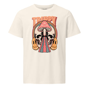 Mid-light organic cotton t-shirt showing a split skull divided by a pink mushroom, with flowing psychedelic shapes and small smiley faces.