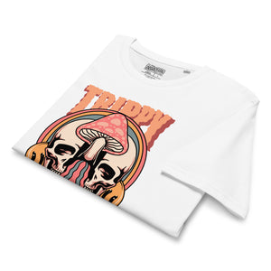 Mid-light organic cotton t-shirt showing a split skull divided by a pink mushroom, with flowing psychedelic shapes and small smiley faces.