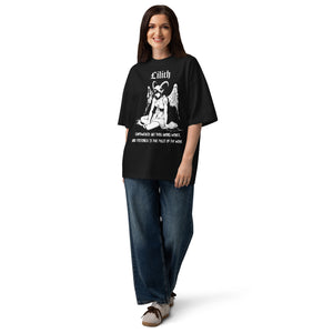 Oversized organic cotton t-shirt featuring a large black-and-white Lilith illustration with gothic text.