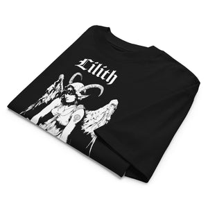 Oversized organic cotton t-shirt featuring a large black-and-white Lilith illustration with gothic text.