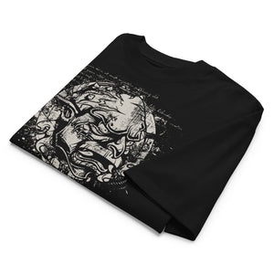 Black oversized organic cotton t-shirt featuring horned monster within ritual circle and fractured script background.