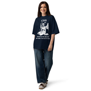 Oversized organic cotton t-shirt featuring a large black-and-white Lilith illustration with gothic text.