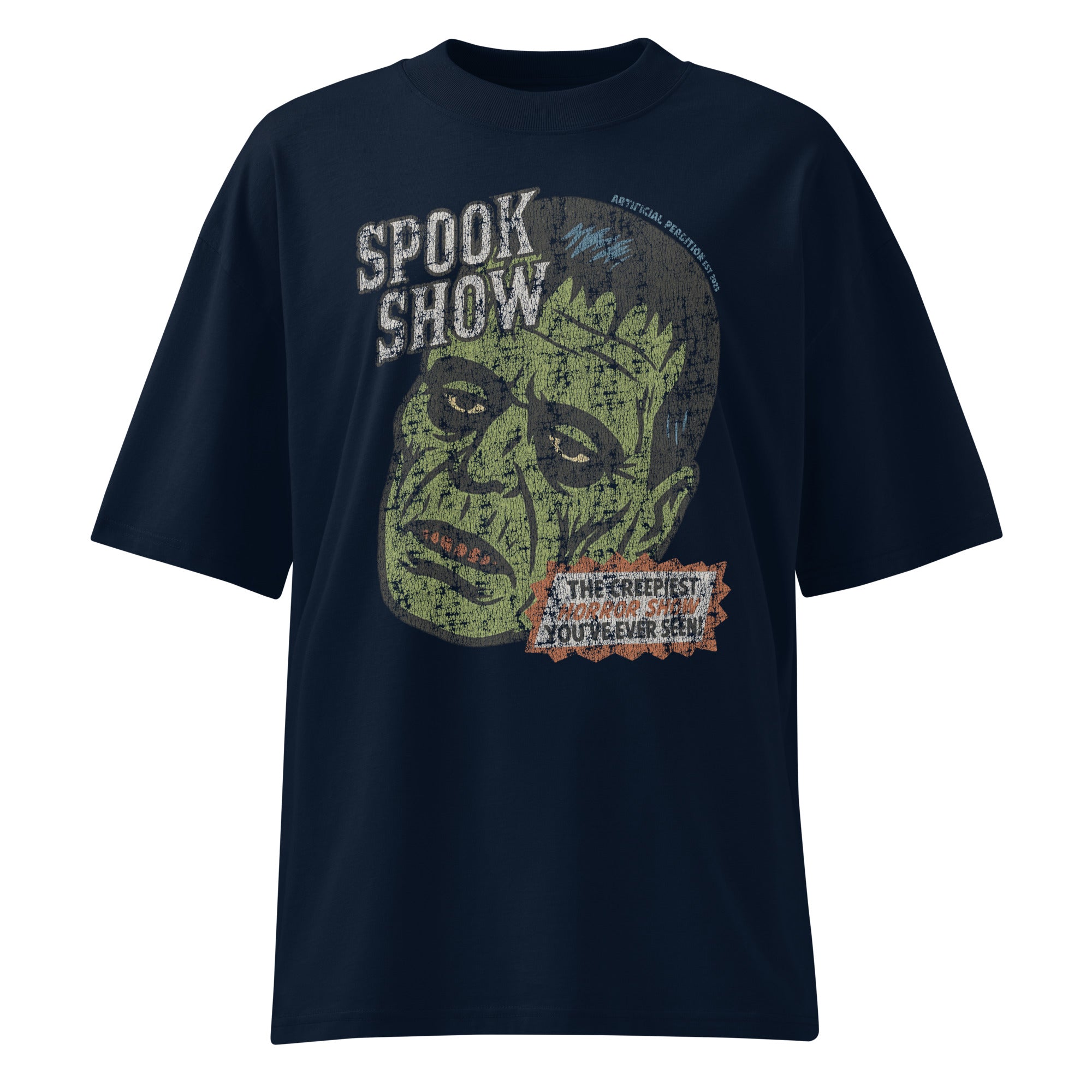 Distressed Frankenstein head with “Spook Show” on a premium organic oversized Fench navy t-shirt.
