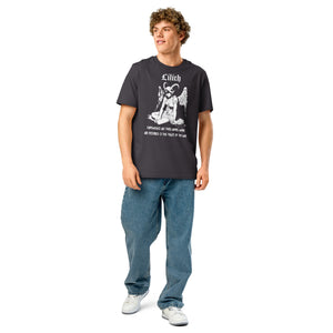 Heavyweight organic cotton t-shirt with black-and-white Lilith illustration and gothic text.
