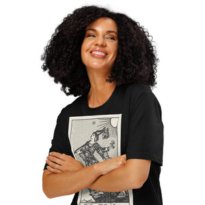 Heavyweight organic cotton t-shirt with The Fool tarot illustration rendered in modern woodcut style.