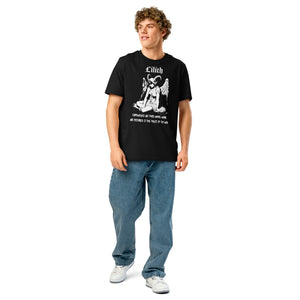 Heavyweight organic cotton t-shirt with black-and-white Lilith illustration and gothic text.