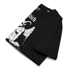 Heavyweight organic cotton t-shirt with black-and-white Lilith illustration and gothic text.