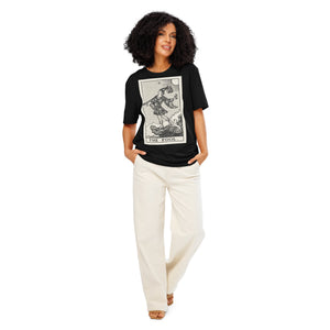 Heavyweight organic cotton t-shirt with The Fool tarot illustration rendered in modern woodcut style.
