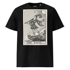 Heavyweight organic cotton t-shirt with The Fool tarot illustration rendered in modern woodcut style.