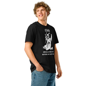 Heavyweight organic cotton t-shirt with black-and-white Lilith illustration and gothic text.
