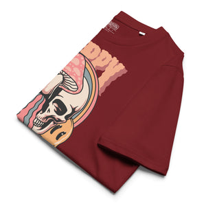 Heavyweight organic cotton t-shirt featuring a split skull pierced by a pink mushroom, with melting psychedelic shapes and small smiley faces.