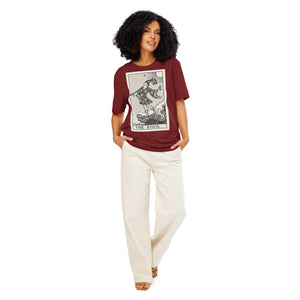 Heavyweight organic cotton t-shirt with The Fool tarot illustration rendered in modern woodcut style.