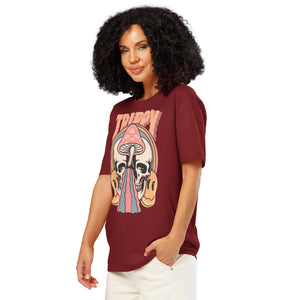Heavyweight organic cotton t-shirt featuring a split skull pierced by a pink mushroom, with melting psychedelic shapes and small smiley faces.