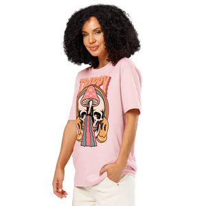 Heavyweight organic cotton t-shirt featuring a split skull pierced by a pink mushroom, with melting psychedelic shapes and small smiley faces.