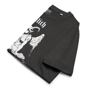 Heavyweight organic cotton t-shirt with black-and-white Lilith illustration and gothic text.Product mockup