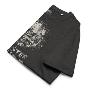 Black heavyweight organic cotton t-shirt featuring horned monster emerging from a ritual circle with fragmented script.