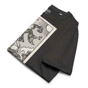 Heavyweight organic cotton t-shirt with The Fool tarot illustration rendered in modern woodcut style.