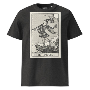 Heavyweight organic cotton t-shirt with The Fool tarot illustration rendered in modern woodcut style.