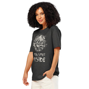 Black heavyweight organic cotton t-shirt featuring horned monster emerging from a ritual circle with fragmented script.