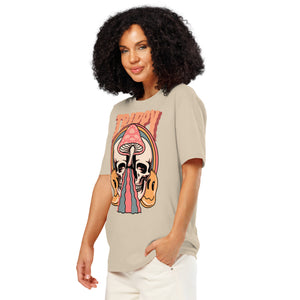 Heavyweight organic cotton t-shirt featuring a split skull pierced by a pink mushroom, with melting psychedelic shapes and small smiley faces.