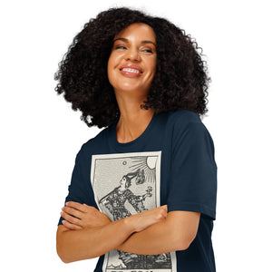 Heavyweight organic cotton t-shirt with The Fool tarot illustration rendered in modern woodcut style.