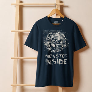 Black heavyweight organic cotton t-shirt featuring horned monster emerging from a ritual circle with fragmented script.