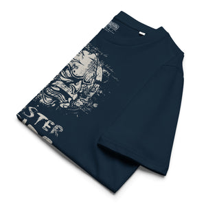 Black heavyweight organic cotton t-shirt featuring horned monster emerging from a ritual circle with fragmented script.