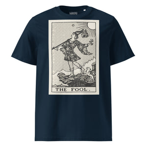 Heavyweight organic cotton t-shirt with The Fool tarot illustration rendered in modern woodcut style.