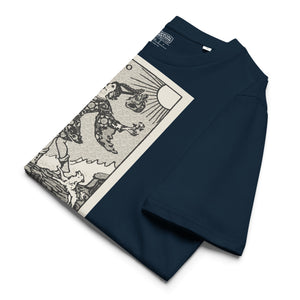 Heavyweight organic cotton t-shirt with The Fool tarot illustration rendered in modern woodcut style.