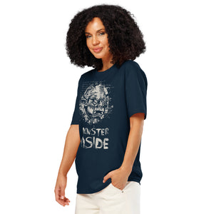 Black heavyweight organic cotton t-shirt featuring horned monster emerging from a ritual circle with fragmented script.