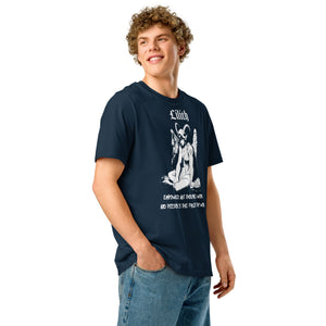 Heavyweight organic cotton t-shirt with black-and-white Lilith illustration and gothic text.