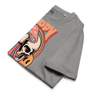 Heavyweight organic cotton t-shirt featuring a split skull pierced by a pink mushroom, with melting psychedelic shapes and small smiley faces.