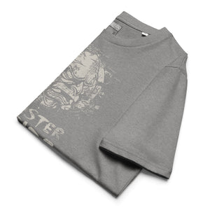 Black heavyweight organic cotton t-shirt featuring horned monster emerging from a ritual circle with fragmented script.