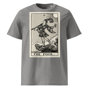 Heavyweight organic cotton t-shirt with The Fool tarot illustration rendered in modern woodcut style.