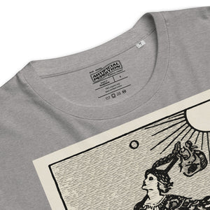 Heavyweight organic cotton t-shirt with The Fool tarot illustration rendered in modern woodcut style.