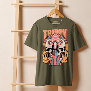 Heavyweight organic cotton t-shirt featuring a split skull pierced by a pink mushroom, with melting psychedelic shapes and small smiley faces.